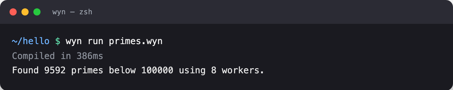 wyn run primes.wyn reporting 9592 primes below 100000 using 8 workers