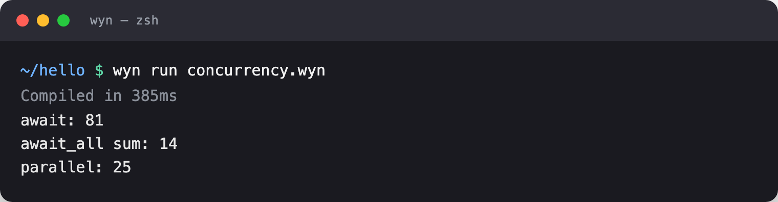 wyn run output of the spawn, await, and parallel concurrency snippet