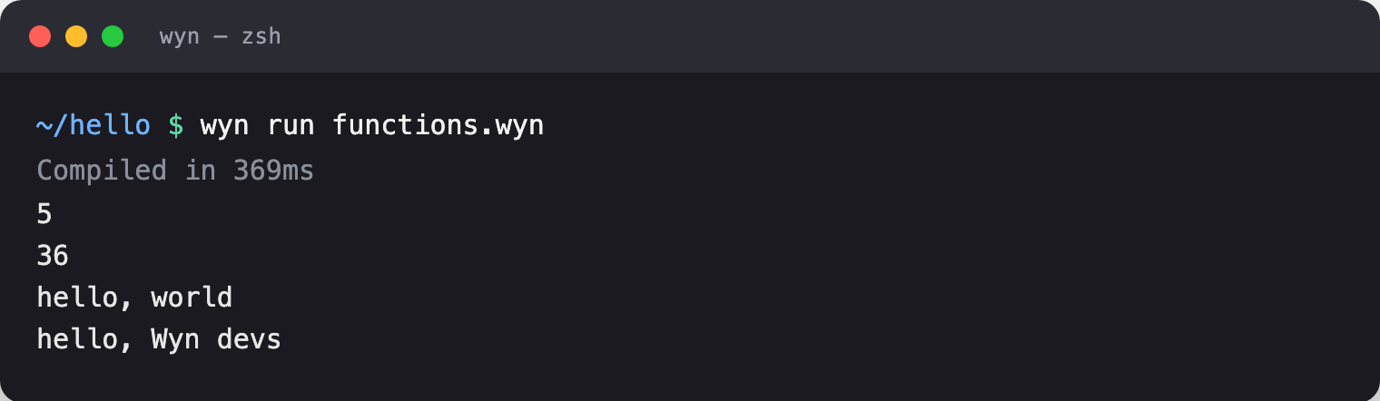 wyn run output of the functions snippet
